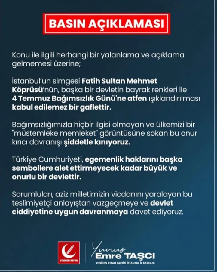 Yeniden Refah’tan FSM Köprüsü Tepkisi: "Kabul Edilemez Bir Gaflet"